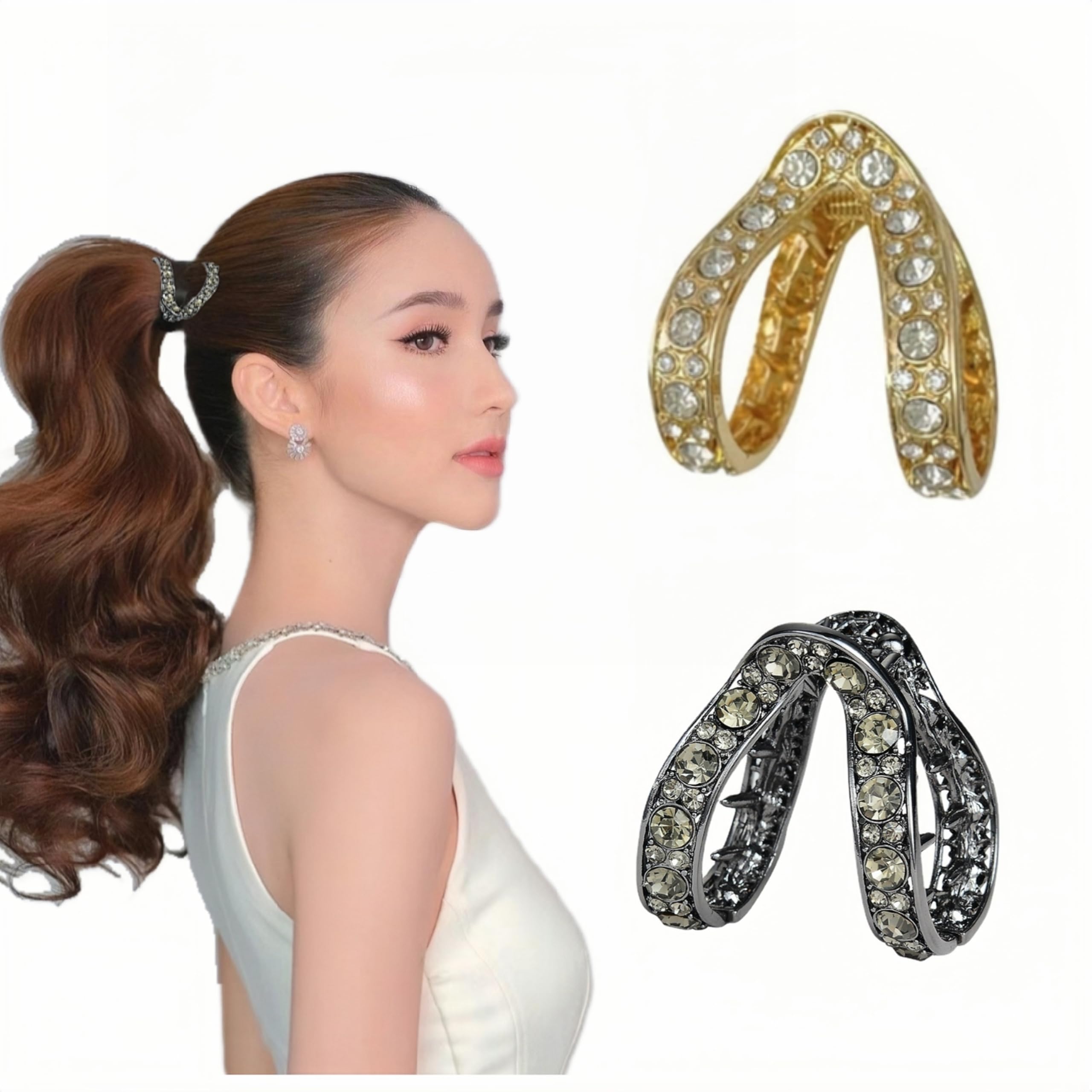 Photo 1 of 2pcs Small Claw Clips Stay-Put High Ponytail Rhinestone Metal Holders Anti-Sag Hair Clips for Bouncy High Ponytails for Women
