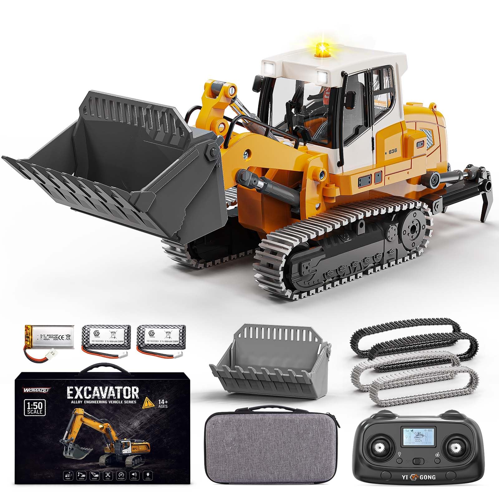RC Radlader 1:50,Mini RC Loader Laderaupe mit Metallschaufel, Metallketten, 2,4 GHz LCD-Fernbedienung, Licht & Sound, 2 Akkus, realistisches Baustellenfahrzeug, für Erwachsene und ab 6 Jahren