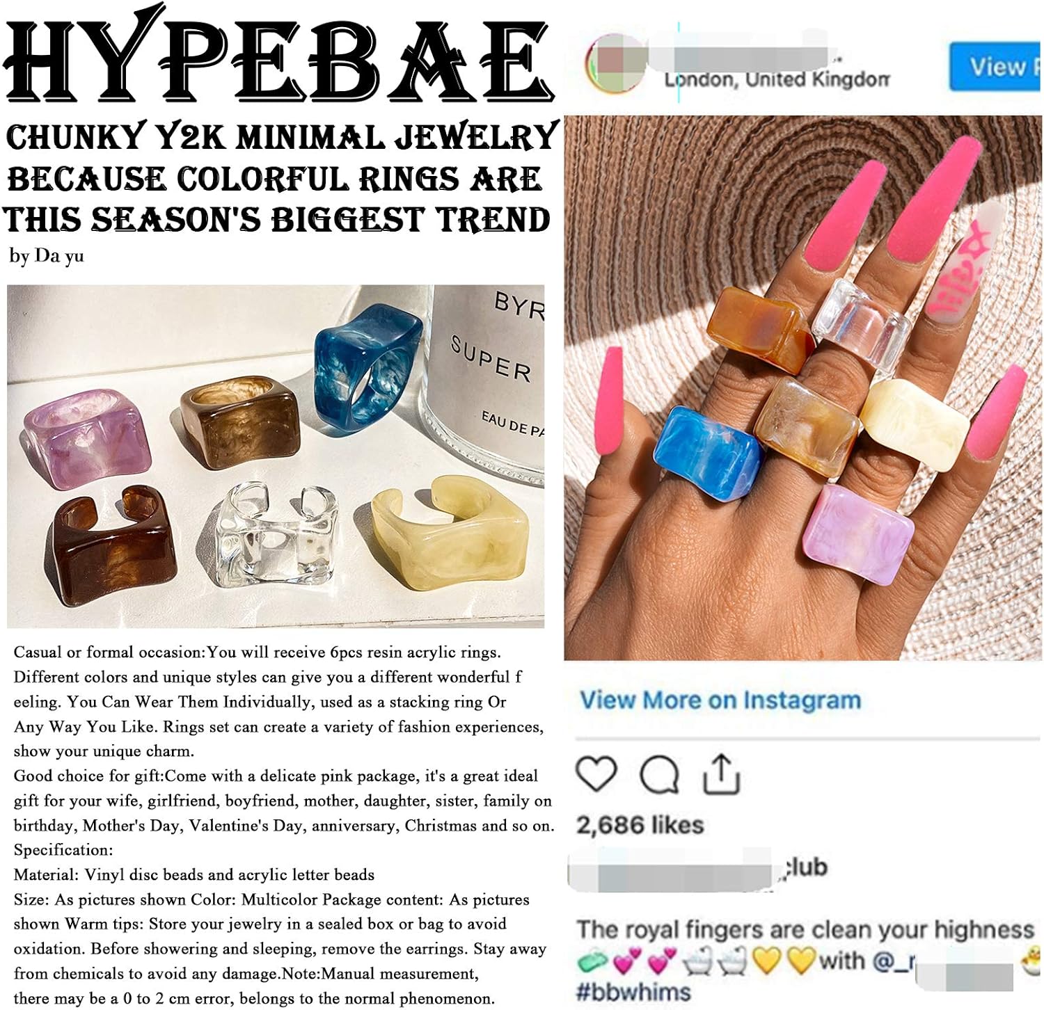 Chunky Rings Colorful, Resin Acrylic Ring for Women Teen Girls, Y2K Plastic Rings, Vintage Stacking Rings, Cute Square Transparent Dark Brown Purple Blue Brown Beige Black White Rings, Trendy Jewelry: Clothing