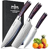 3-Piece Kitchen Chef Knife Set - 8" Chef Knife & 7" Nakiri Knife & 5" Utility Knife, Professional High-Carbon Stainless Steel Ultra Sharp Knives with Ergonomic Wood Handle & Gift Box for Cooking