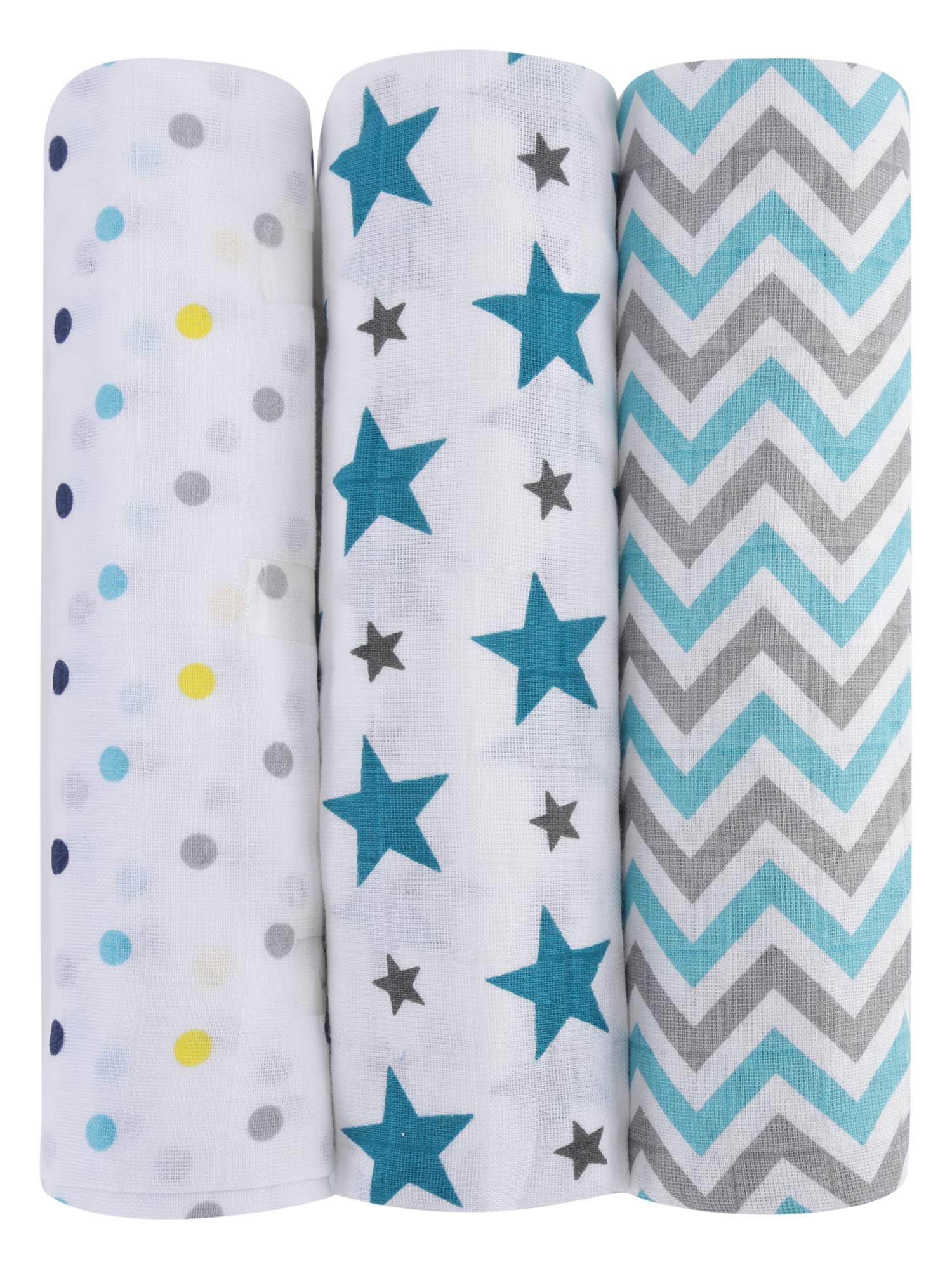 haus & kinder Chevron Stripes Cotton Muslin Swaddle Wrap for New Born Baby (Pack of 3, Star Turquoise + Dots + Turquoise)