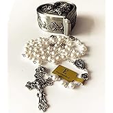 elegantmedical Handmade AAA6MM White Real Pearl Beads Catholic Our Lady Grace Rosary Cross Necklace Box case Womens Girls Gifts