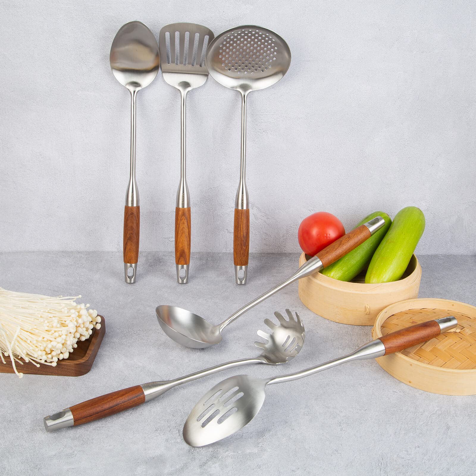 18/10 Stainless Steel Kitchen Utensils Set with Wood Handle - 15” Long Metal Cooking Tools - Serving Solid/Slotted Spoon, Tunner, Skimmer, Soup Ladle, Spaghetti Spoon, Large Spoons Set of 6