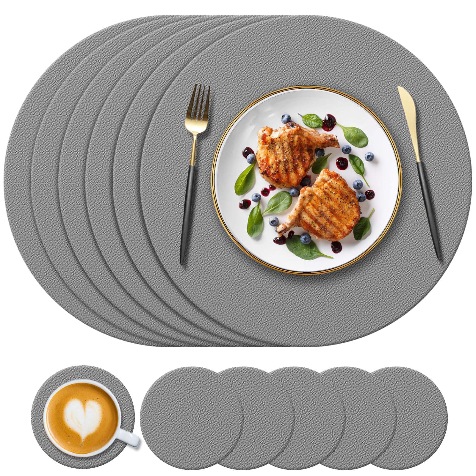 KERYCHIN 6 Round Silicone Place Mats + 6 Coasters Set, Heat-Resistant 450 °F Placemats, Non-Slip and Washable, Table Mats for Home, Hotel, Dining Table, Indoor, Outdoor, Dark Grey