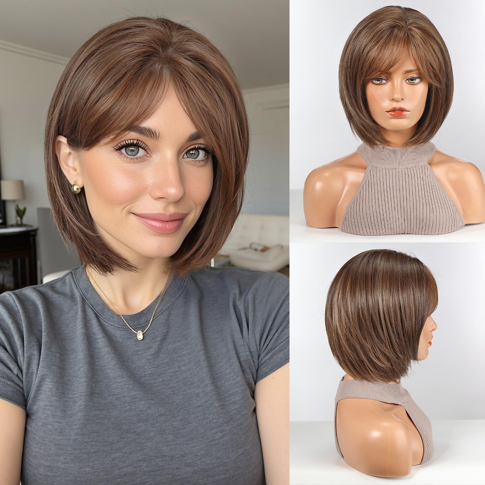 HAIRCUBE Bob Wigs for Women Synthetic Wig with Fringe Brown Color — image 1