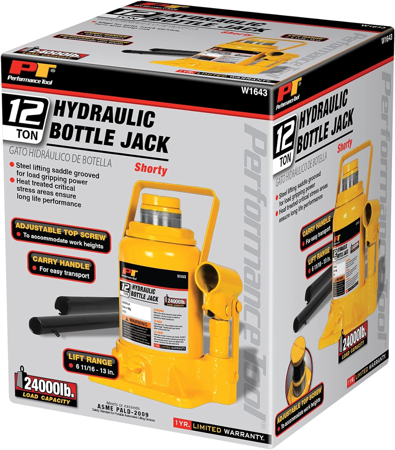 Performance Tool W1643 12 Ton (24,000 lbs.) Heavy Duty Shorty Bottle Jack: Automotive