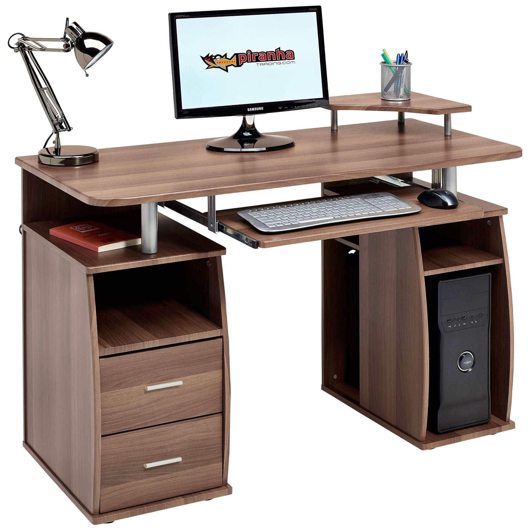 Computer Desk with Shelves, Cupboard and Drawers for Home Office in