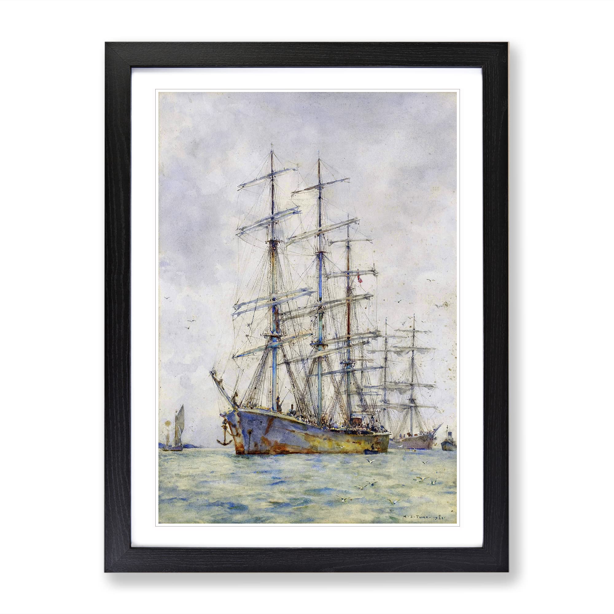 Windjammer Ship Vol.6 By Henry Scott Tuke Classic Painting Framed Wall Art Print, Ready to Hang Picture for Living Room Bedroom Home Office Décor, Black A4 (34 x 25 cm)