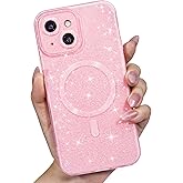 LoeoeL for iPhone 15 Case Glitter Compatible with Magsafe, Girly Cute Sparkly Magnetic Mag Safe Pretty Phone Case for Women, Bedazzled Bling Sparkle Slim Bright Silicone Rubber Jelly, Light Pink