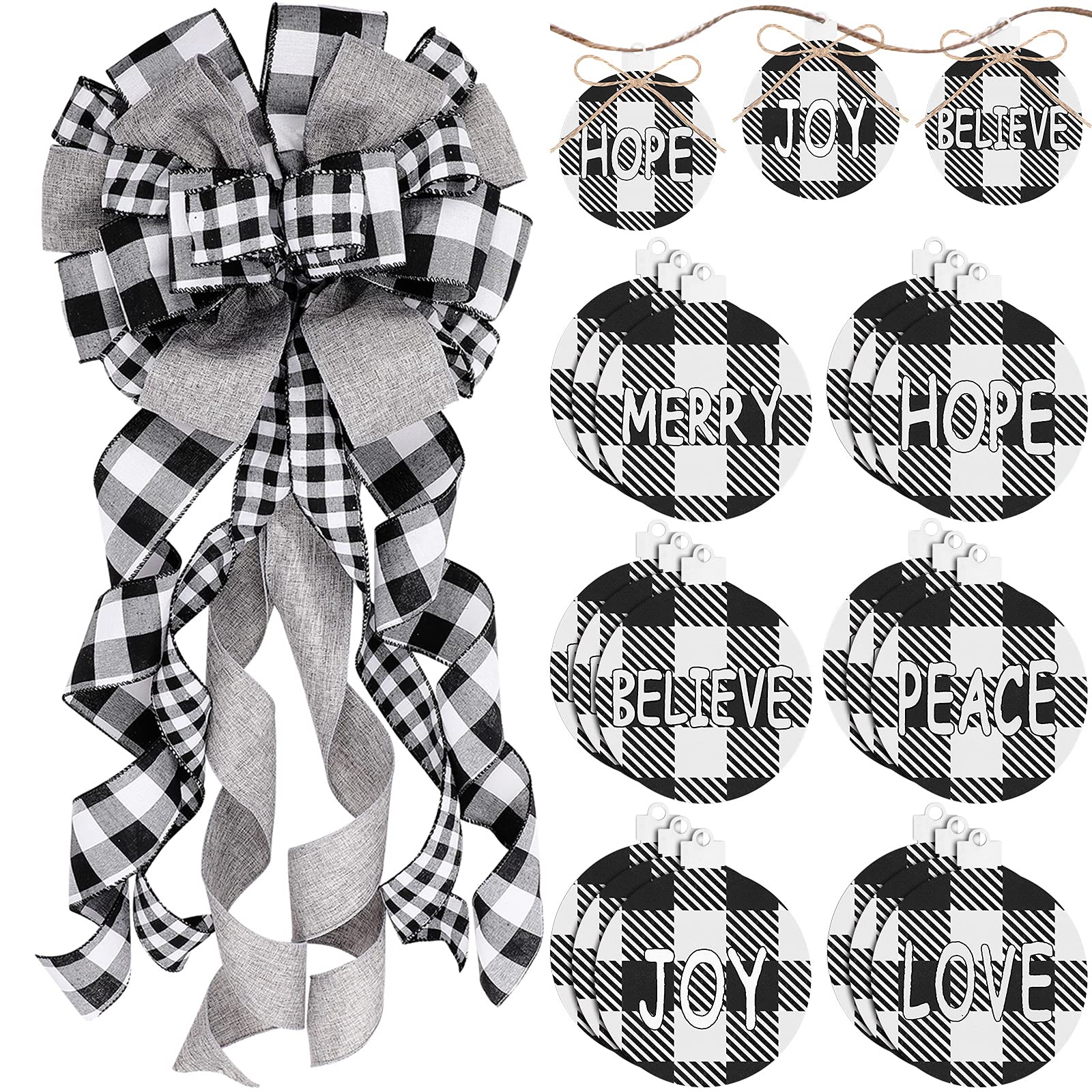 Syhood Christmas Bow Tree Topper Plaid Christmas Tree Topper Buffalo Plaid Decorative Bow 23 x 13 Inch with 24 Buffalo Plaid Christmas Wish Tree Ornament for Christmas Tree Decor (Black and White)