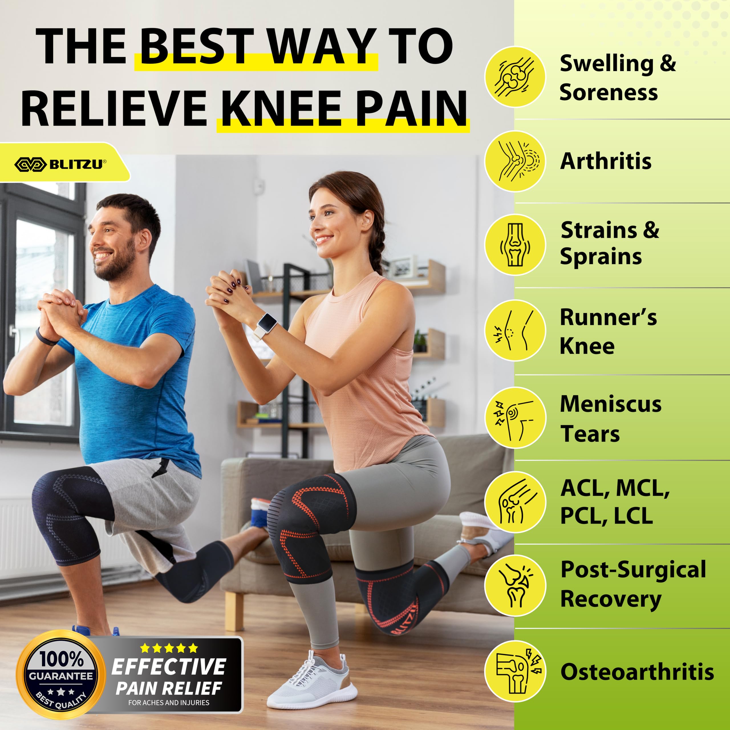 Knee Brace for Women & Men, 2 Pack Compression Knee Brace, Knee Support Sleeve for Pain Relief, Running, Workout, Sports, Knee Braces for ACL, Meniscus Tear, Arthritis and Injury Recovery Black L