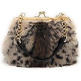Fosrion Elegant Leopard Print Rex Rabbit Fur Handbag with Interchangeable Straps for Women, Versatile Clutch and Shoulder Bag