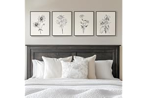 CUSPIN Framed Black and White Floral Wall Art for Bedroom, 4 Piece Vintage Botanical Canvas Paintings Artwork for Modern Farmhouse, Minimalist Flower Pictures for Living Room Kitchen Bathroom Wall Decor