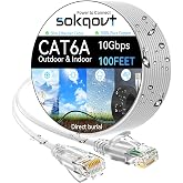 Cat6a Ethernet Cable Slim 100ft Outdoor, 28AWG Pure Copper Cat6 Internet Cable for Waterproof &amp; Direct Burial, Flexible Cat6 Ethernet Cable 10G 550MHZ, Cat 6 Network cable for Indoor White Color