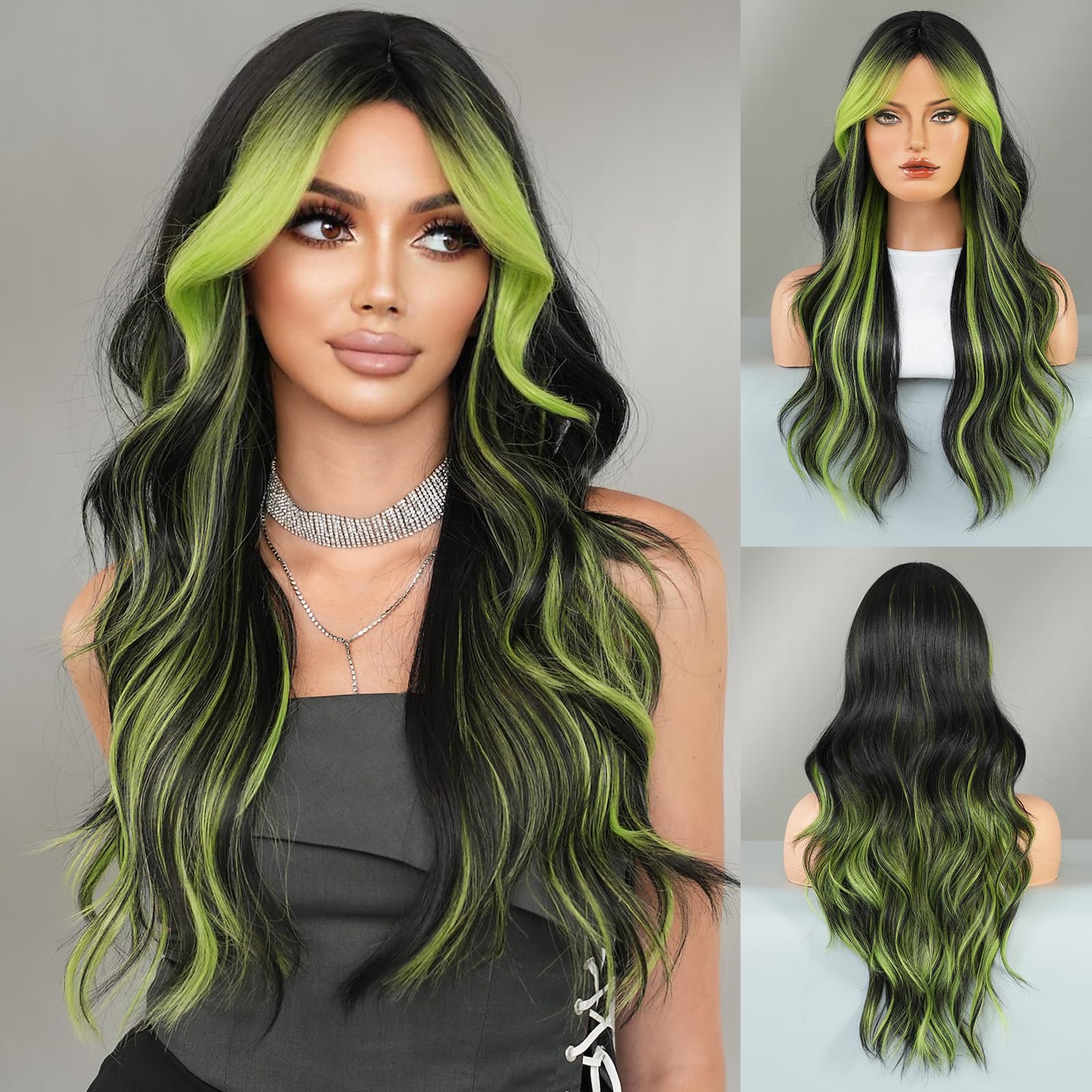 Photo 1 of TRUMOST Black Wig Green Highlight Long Wavy Wig with Curtain Bang 26 Inch Ombre Black Green Wig Synthetic Heat Resistant for Women Daily Party used.