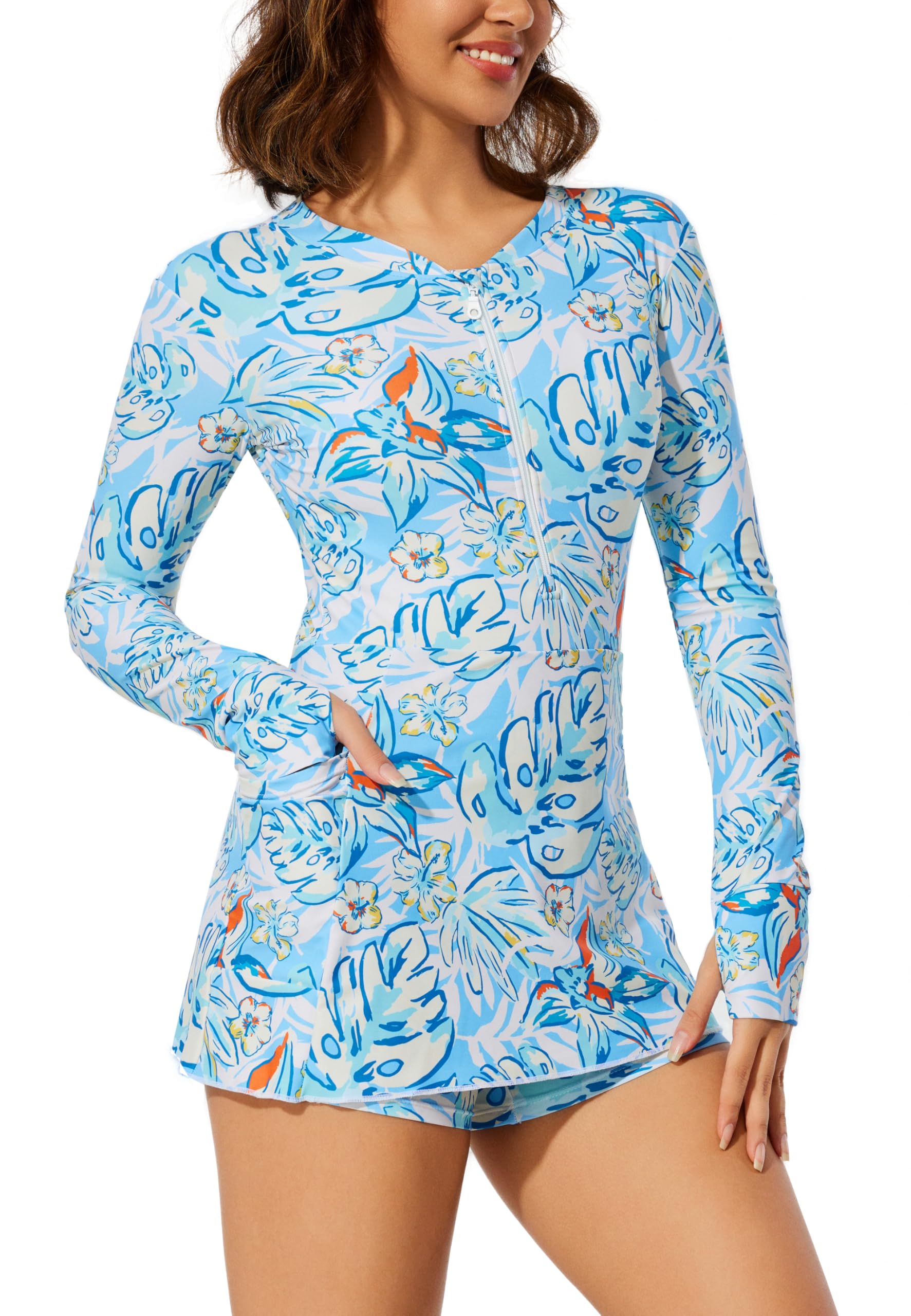 Photo 1 of Cagola Rash Guard for Women Modest Swimsuits Long Sleeve Swim Dress Bathing Suit with Bra and Pockets Ladies Burkini Over 52 Ink Art Flower XL