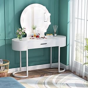 Tribesigns Vanity Table with Lighted Mirror, Elegant Makeup Vanity Dressing Table with 9 Lights, 2 Storage Cabinets & Large Drawer for Women and Girls Modern Make-up Dresser Table for Bedroom (White)