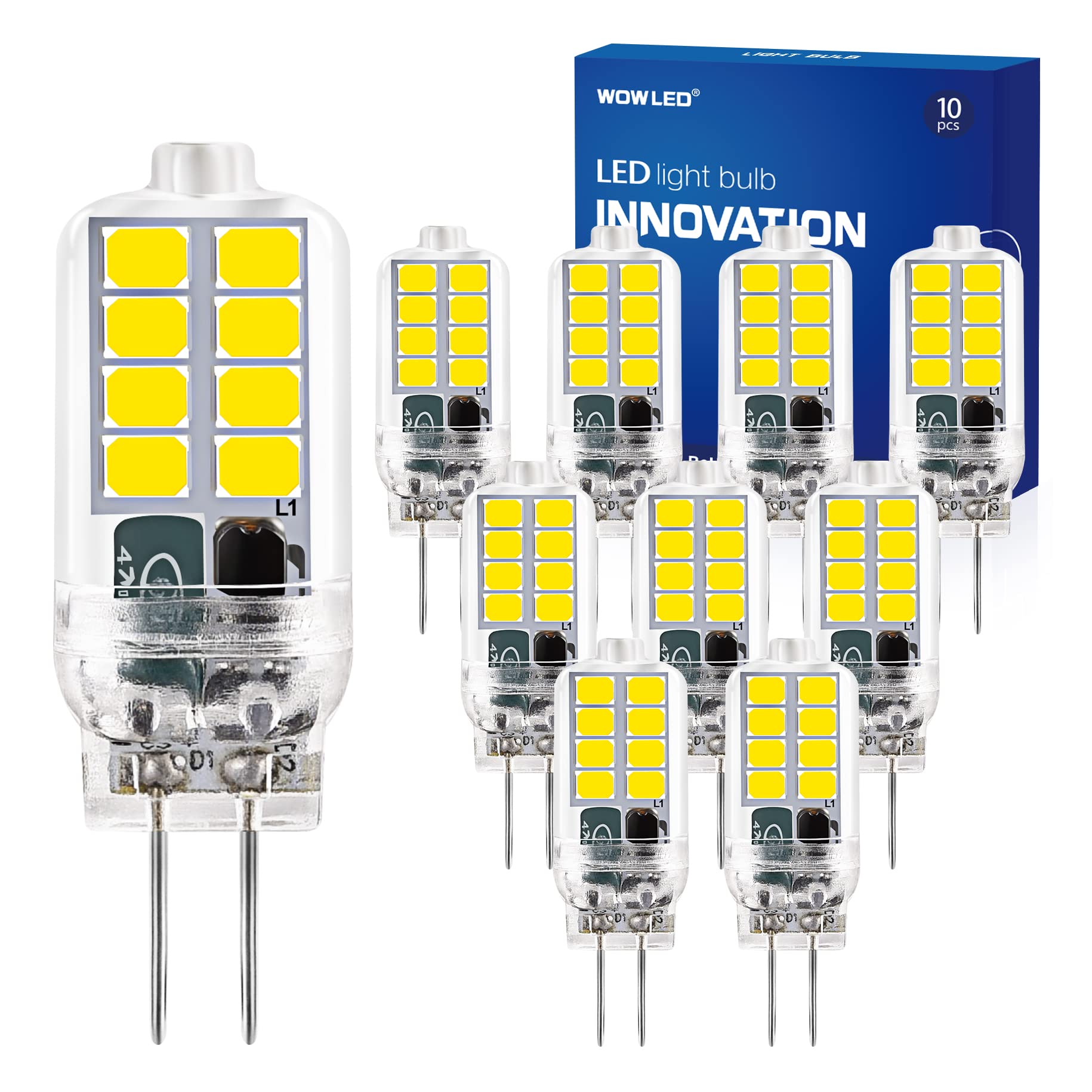 WOWLED G4 LED Light Bulbs, 2W Cool White Energy Saving LED Bulb 12V AC DC, Replace Halogen Bulbs for Chandelier Home Lighting 10 Pack