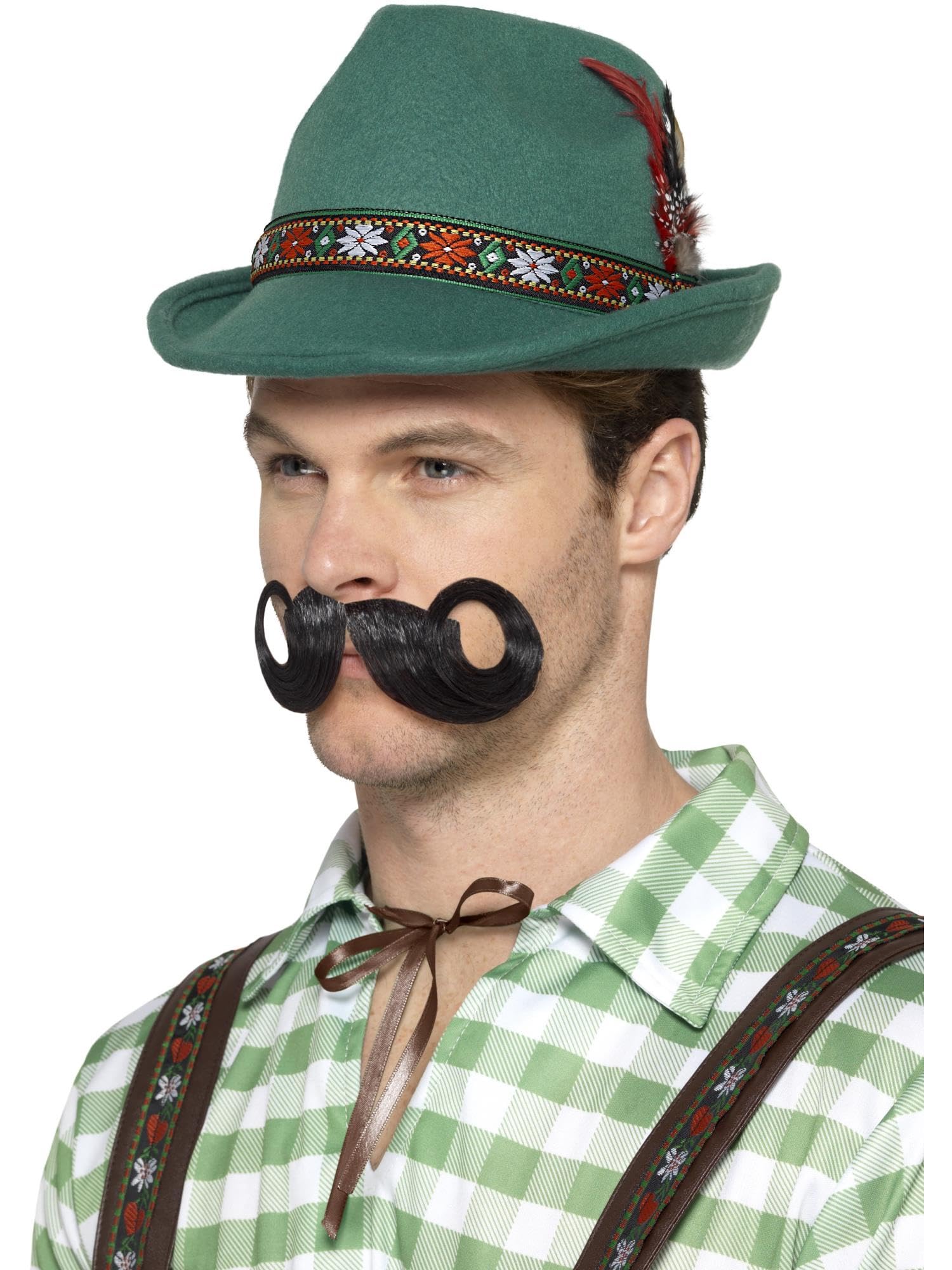 Smiffys Deluxe Alpine Trenker Hat, Green with Feathers & Elastic Inner Rim, Oktoberfest Fancy Dress, Adult Dress Up Hats