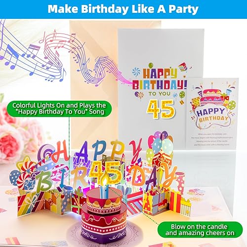 Gumry 45TH Musical Birthday PopUp Card, Blowable Colorful Light