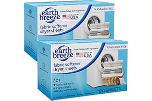 Earth Breeze Fabric Softener Dryer Sheets – Fragrance Free, Hypoallergenic, No Harsh Chemicals, Safe for Sensitive Skin – Static Cling & Wrinkle Reducer – Gentle Fabric Care – Made in USA (2 Pack)