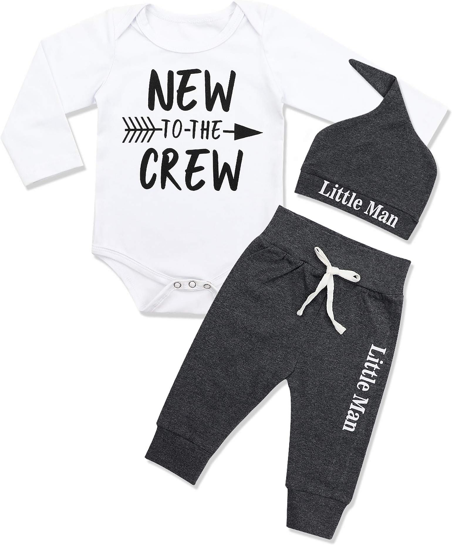 FommyNewborn Baby Boy Clothes New to The Crew Letter Print Romper+ Pants+Hat 3PCS Outfit