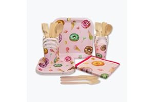 Benu Donut & Ice Cream Party Supplies for 16 Guests – 80 Pcs Premium Disposable Tableware Set with Plates, Cups, Napkins & Wo