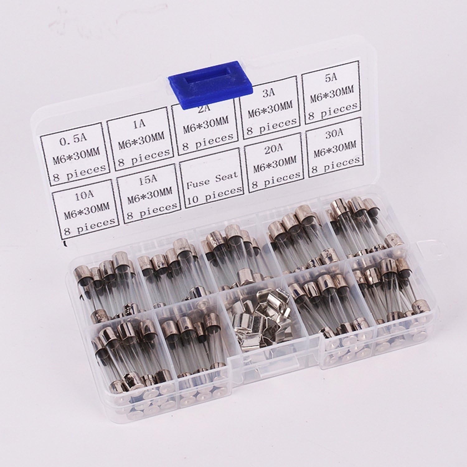 DollaTek 6x30mm Fast-blow Glass Fuses Quick Blow Car Glass Tube Fuses Assorted Kit Amp 0.5A,1A,2A,3A,5A,10A,15A,20A,30A and 10pcs fuse seat - Image 3