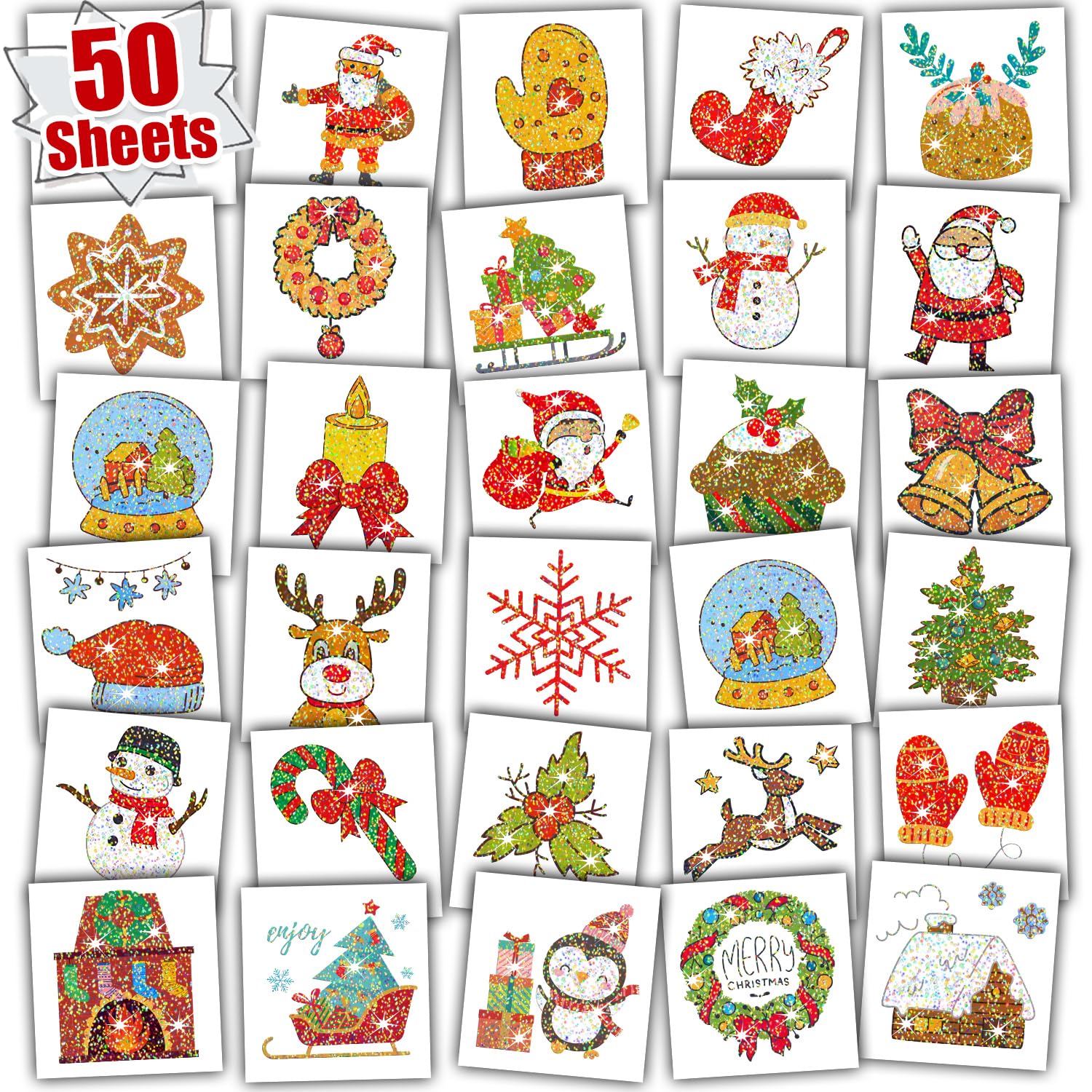Leesgel Christmas Glitter Tattoos for Kids, 50 Individual Sheets Xmas Tattoo Stickers for Christmas Decorations, Christmas Stocking Fillers Craft Supplies Eve Box Party Games Toys Accessories — image 1