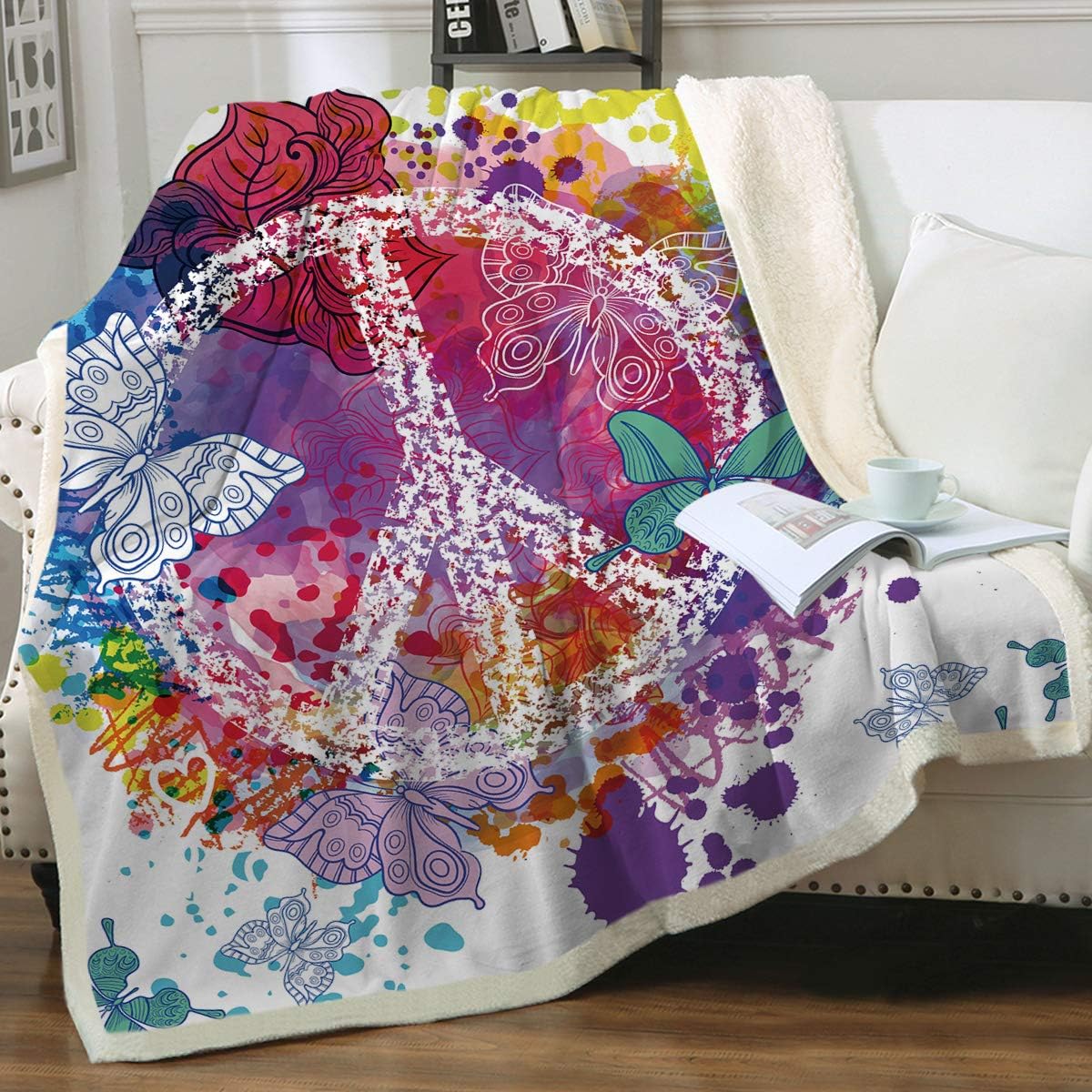 Sleepwish Rainbow Butterfly Peace Sign Blanket Colorful Sherpa Fleece Throw Blanket Bed Blankets for Couch Sofa (50"x 60")