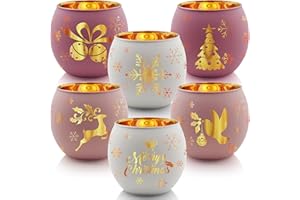SHMILMH Pink Christmas Candle Holder Set of 6, Glass Votive Tealight Holder with 6 Laser Engraving Patterns for Winter Xmas Table Centerpiece Decoration
