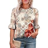 Rapbin Womens 3/4 Length Sleeve Tops Loose Fit Casual Crew Neck Shirts Ruffle Tunic Blouses