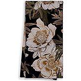 WAITPI Black Vintage Floral Kitchen Towels, Peony Dish Hand Towels for Bathroom, Rustic Flower Retro Gifts Decorative Tea Towels for Women Girls College Students Dorm 16x24in
