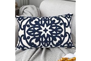 Alysheer Embroidered Lumbar Decorative Throw Pillow Cover 12"x 20", Classic Boho Mandala Embroidery Pattern Cotton Rectangular Cushion Case for Sofa Couch Living Room Bedroom(Navy Blue)