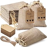 Homum 25Pcs Premium Burlap Gift Bags with Drawstring and 25Pcs Gift Tags & String, 4x6 Inch Reusable Gift Burlap Linen Sacks 