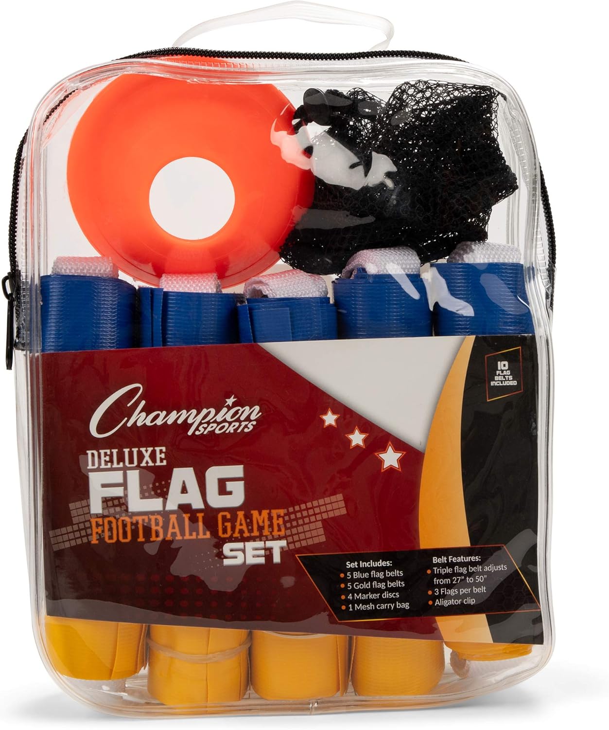 Champion Sports Deluxe Flag Football Game Set Flag Football Equipment - Game Sets with 5 Blue Flag Football Belts, 5 Yellow Flag Football Belts, 4 Orange Disc Cones and Mesh Carrying Bag : Clothing