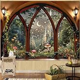 Lifeella Fantasy Castle Window Tapestry, Magic Woodland Scene Large Wall Backdrop, Fairytale Moon Mural for Bedroom Dorm Living Room Decor, 36x48 inches