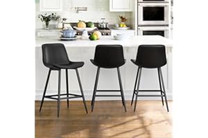COZYMAN 24 inch Counter Stool, Modern Bucket Barstool Set of 3, Barstools with Back and Footrest, Faux Leather Bar Stools for Kitchen Island Restaurants, Black