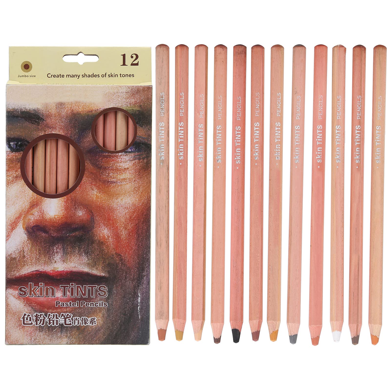 12PCS Pastel Pencils, 6.8in Portrait Hand‑Painted Toner Professional Colour Charcoal Pencils Drawing Set, Skin Tone Colored Pencils, Pastel Chalk for Beginners & Artists