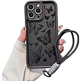FXFOOT Aesthetic Black Butterfly Phone Case Compatible for iPhone 13 Pro Max Case, with Adjustable Anti-Drop Wrist Strap - Full-Body Shockproof Protection, Raised Camera & Edge Guards