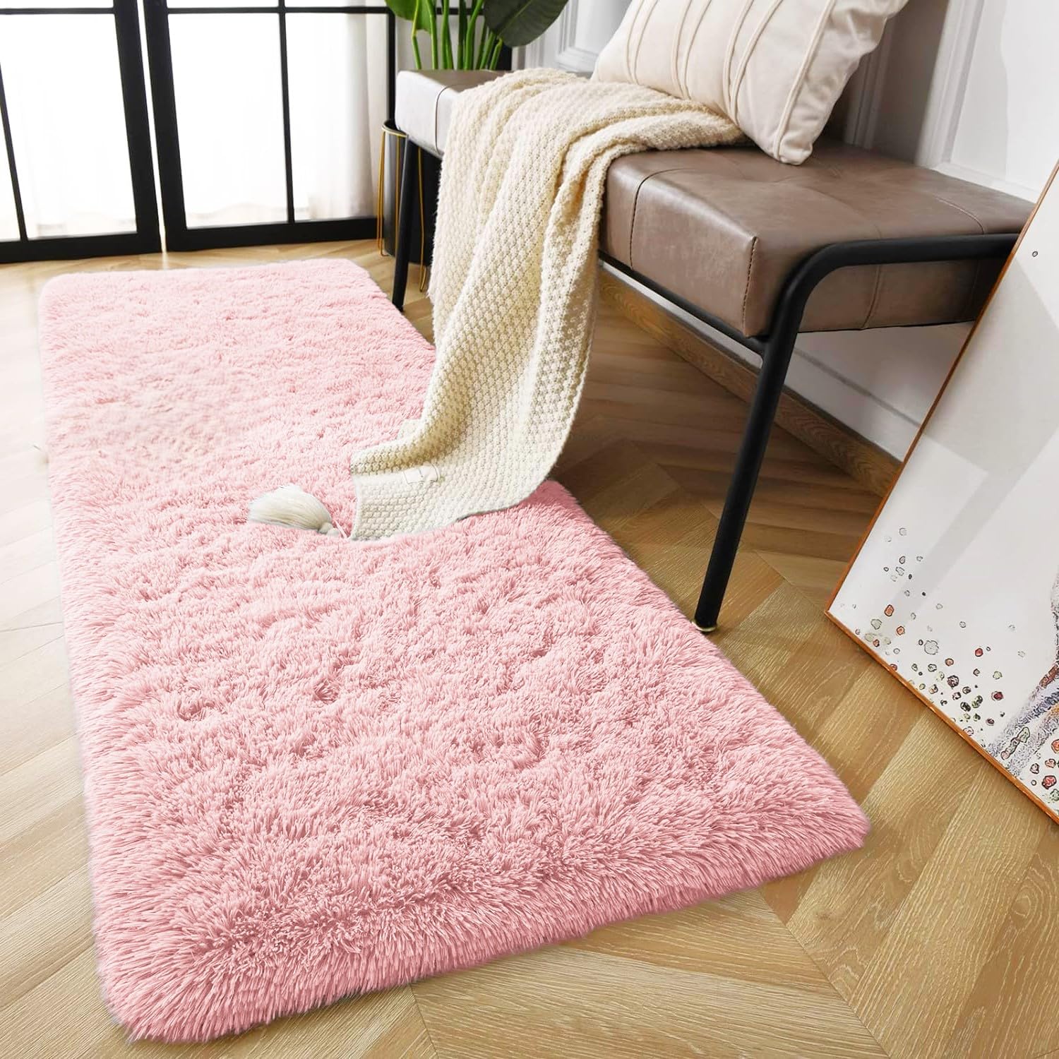 AMEHA Pink Shaggy Runner Rug 60x220 cm Fluffy Soft Non Slip Long Hallway Carpet Girls Bedroom Non-Shedding