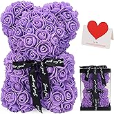 LINKLO Rose Bear Rose Teddy Bear -10 inch Artificial Rose Flower Bear, Gift for Wedding, Mothers Day and Anniversary, Including Transparent Gift Box (Purple)