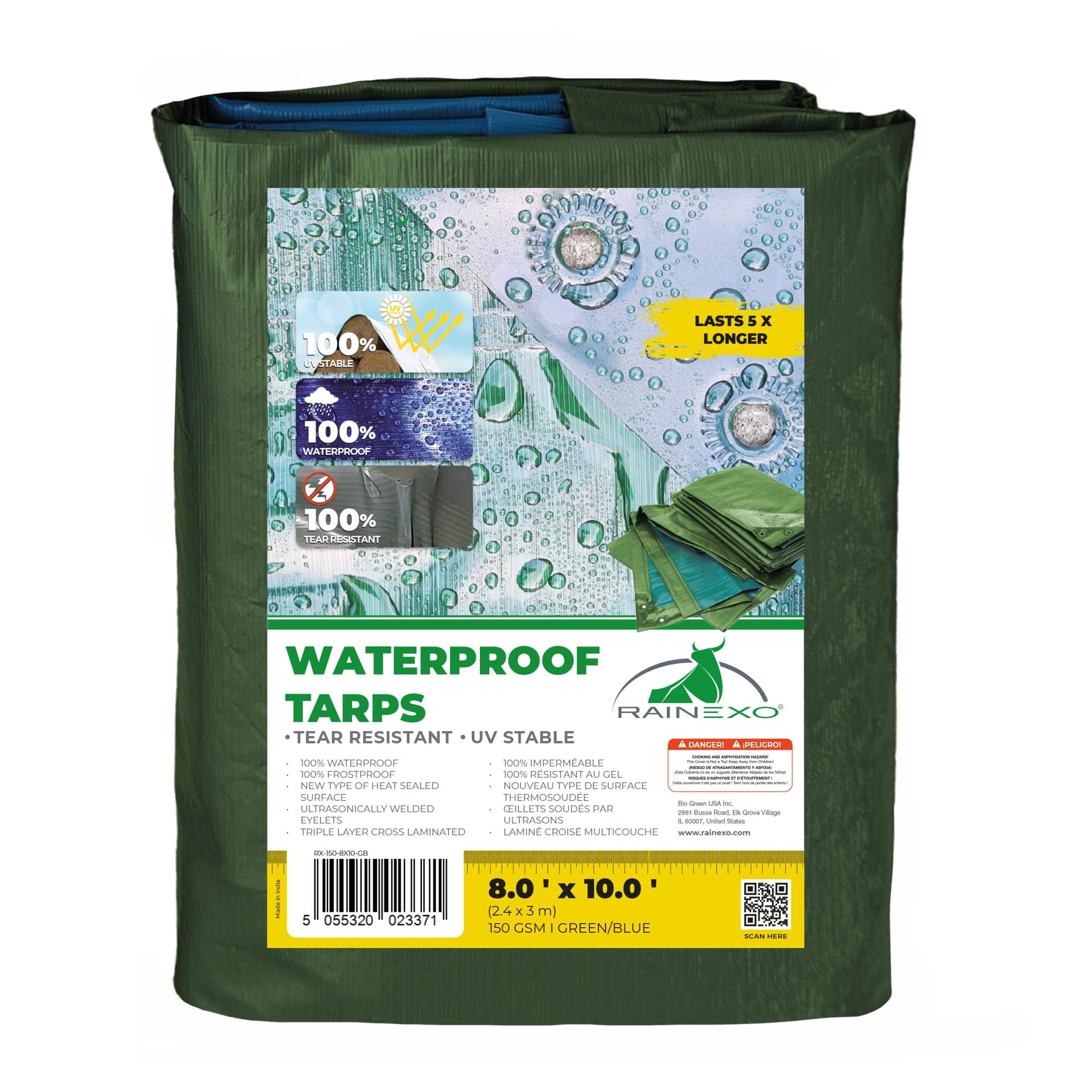 Bio Green Waterproof 8 x 10 – Multipurpose Heavy Duty Tarp – Multi-Layered Cross-Laminated Film Tarpaulin – Ideal for Farming, Camping, Furniture Cover, 100% Recyclable polyethylene, Green/Blue, 8x10