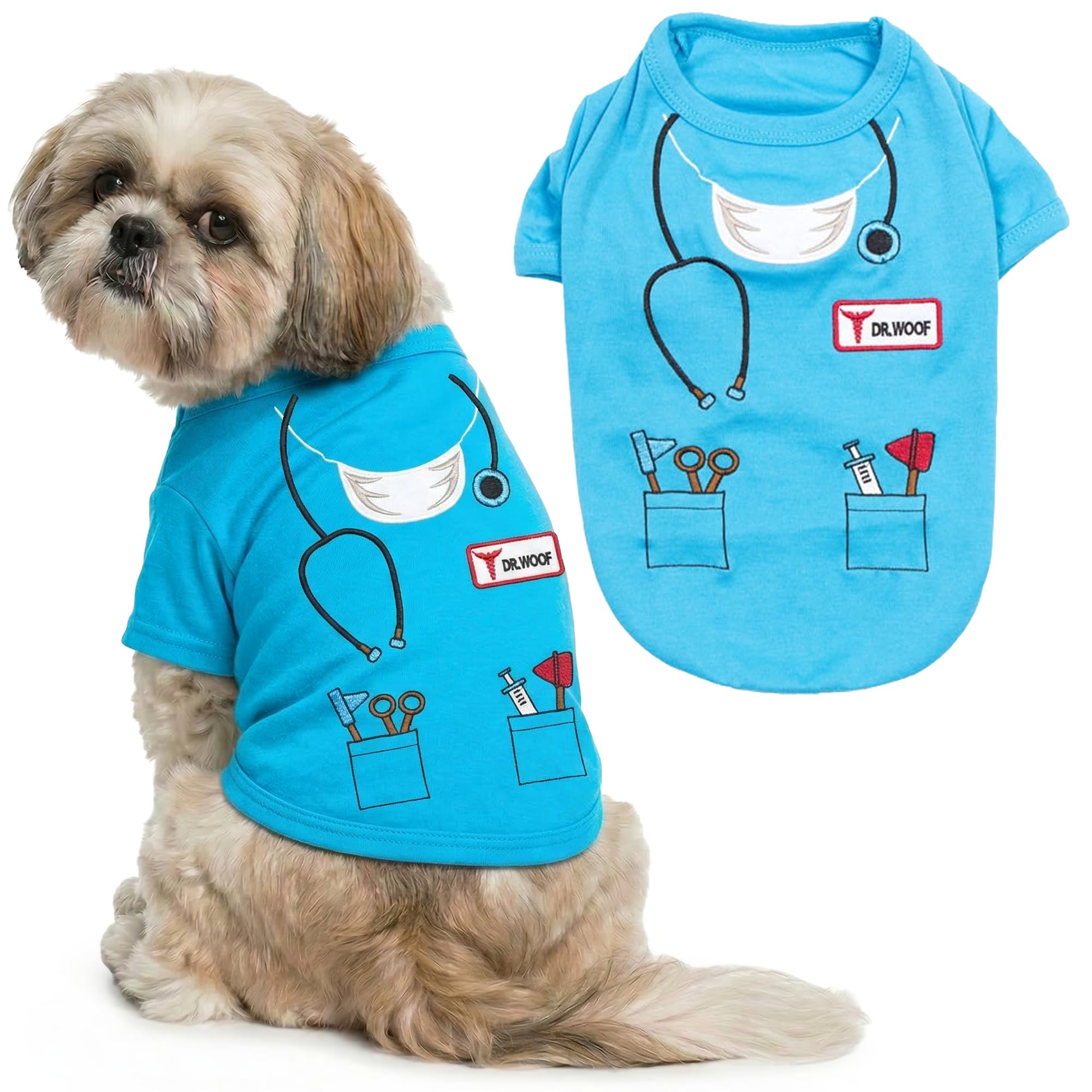 Parisian Pet - Funny Dog Cat Pet Costumes, Shirt Outfits for Halloween - Police, Prisoner, Ketchup, Mustard, Doctor, Firefighter, Sailor, Pirate (Dr Woof - Doctor, M)