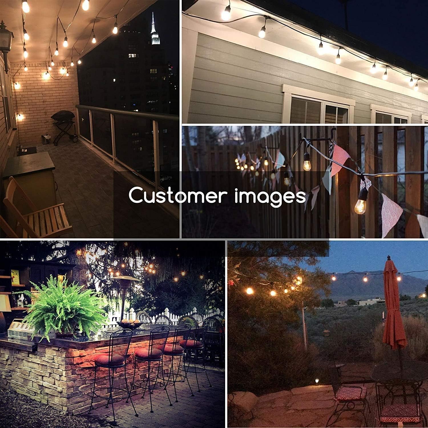 Minetom 48Ft LED Outdoor String Lights with 15 Shatterproof Energy Saving Bulbs, UL Listed Commercial Grade Connectable Weatherproof Strand for Patio Deck Backyard Garden Wedding, Black Cord, 2700K - - 