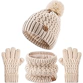 Kids Pompom Winter Beanie Hat Scart Gloves Set,Boys Girls Knitted Fleece Lined Woollen Hat for Children's Toddler 3-9 Years