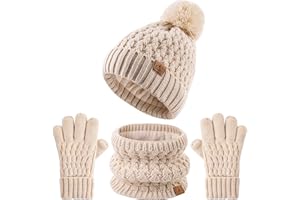 DOCVIT Kids Pompom Winter Beanie Hat Scart Gloves Set,Boys Girls Knitted Fleece Lined Woollen Hat for Children's Toddler 3-9 Years