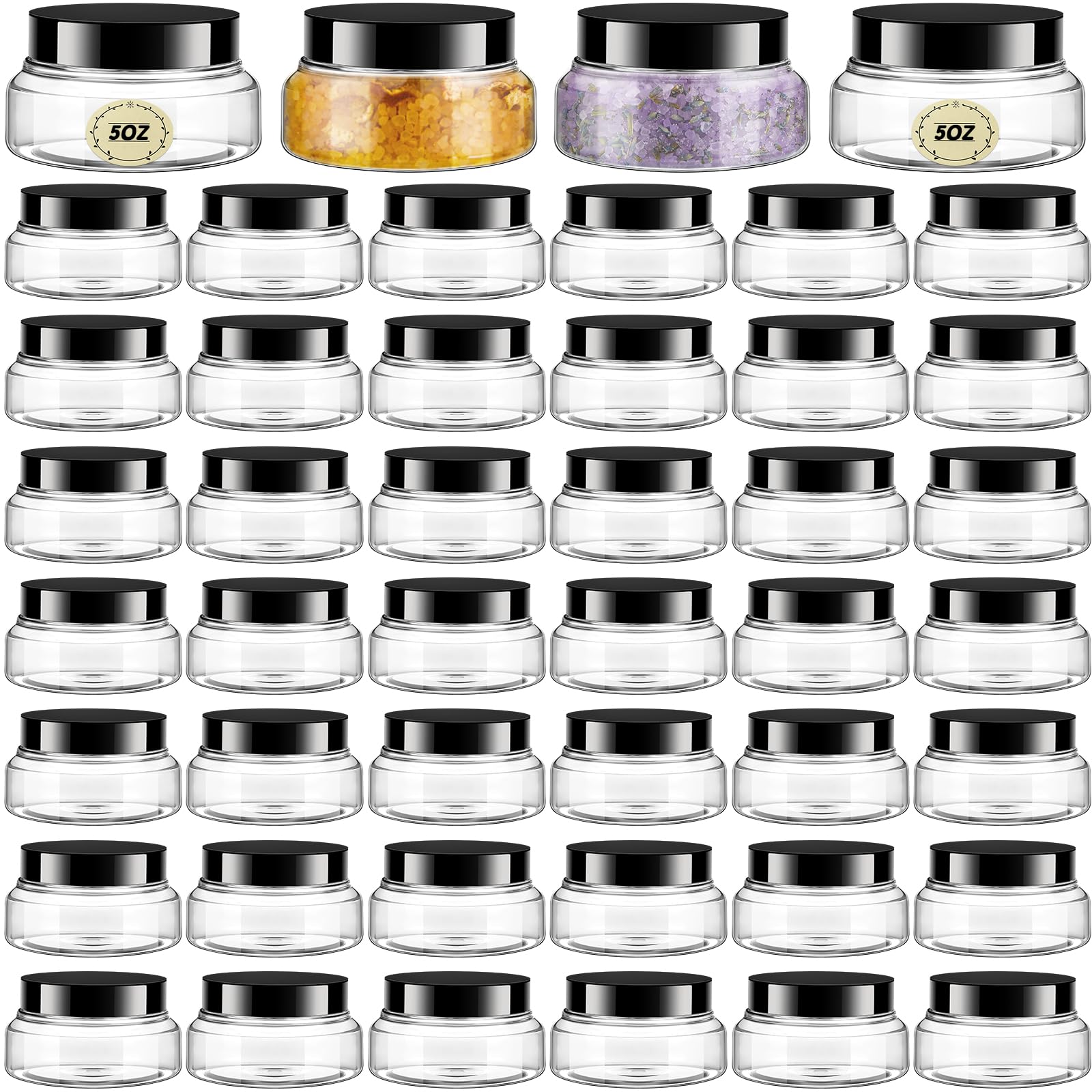 Photo 1 of Tessco 48 Pcs Plastic Jars with Lids and Labels Body Scrub Jars Round Refillable Cosmetic Containers Empty Butter Travel Containers for Sugar Scrub Lotions Cosmetics Cream (5 oz,Clear)