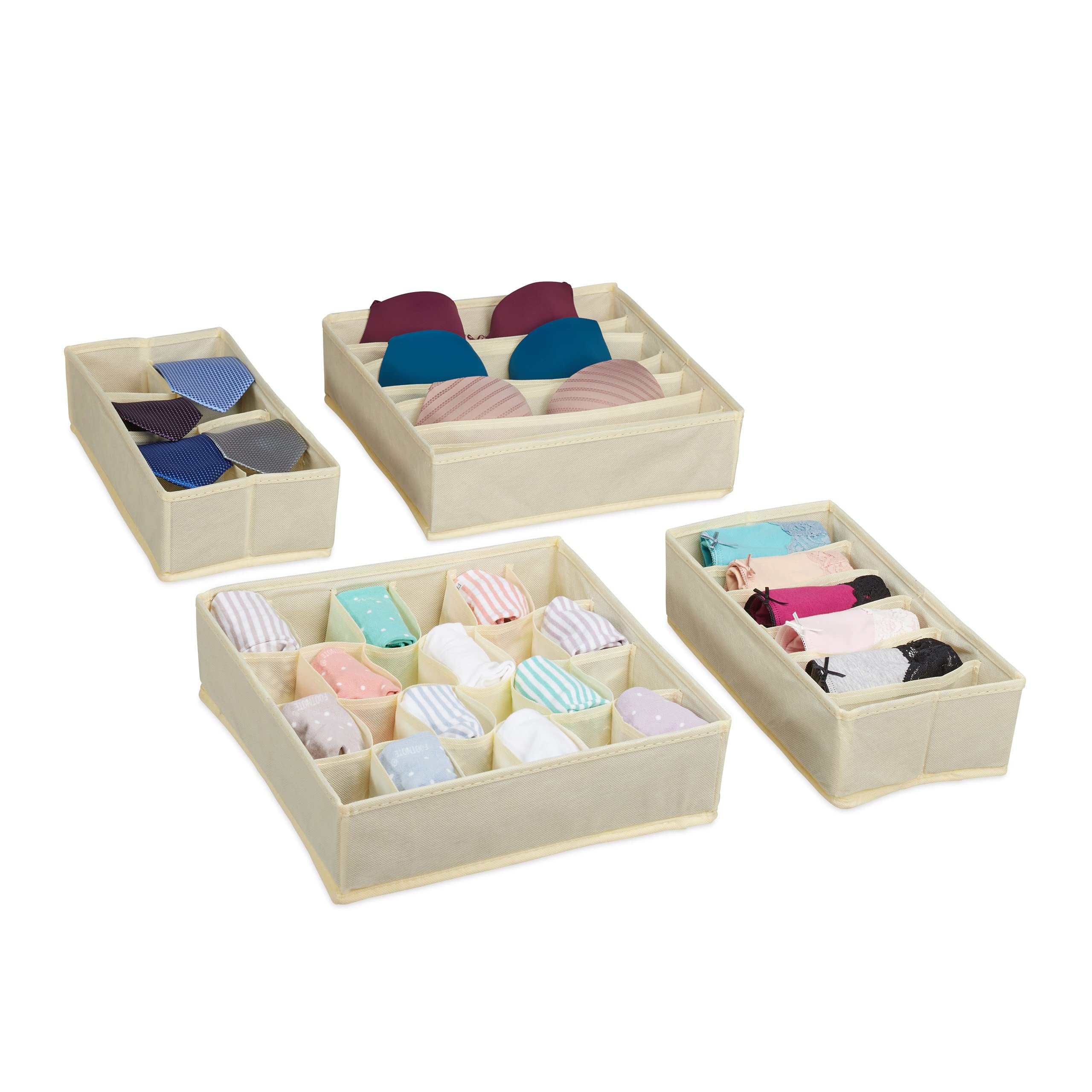 Relaxdays Underwear Organiser Set, 4-Piece Wardrobe Organisation, Drawer Dividers for Socks, Bras and Ties, Beige
