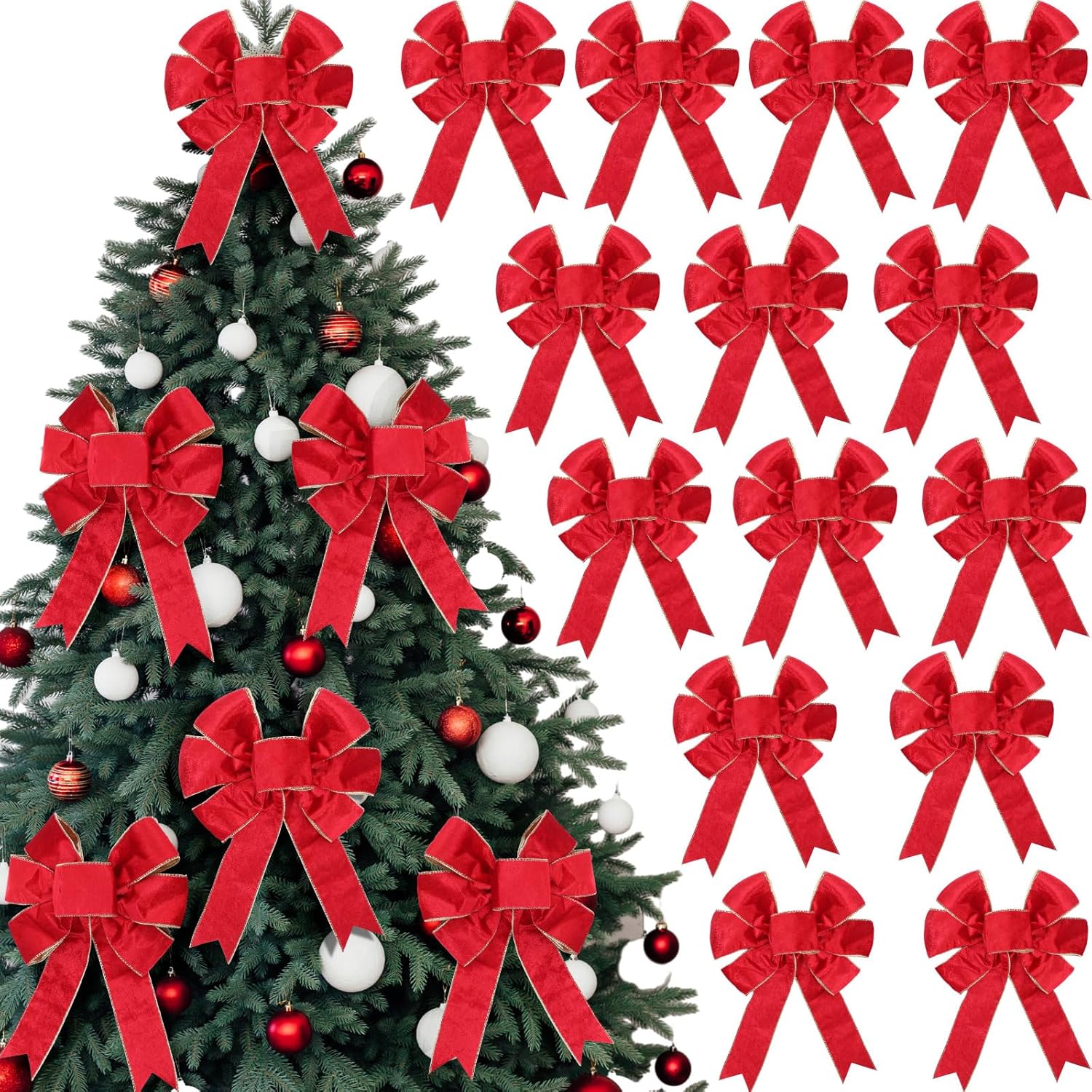 Bows & Ribbons - Yinkin Christmas Wreath Bows Bulk Velvet Ribbon Bows, Large 9 x 13 in Handmade Bow Glitter Gold Edge for Tree Topper Decorations Gift Wrapping Xmas Indoor Outdoor Garland Ornament(Red, 20 Pcs)
